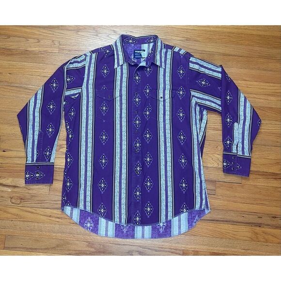 Vintage Wrangler 90s Pearl Snap XL Purple Aztec Print - Picture 1 of 10
